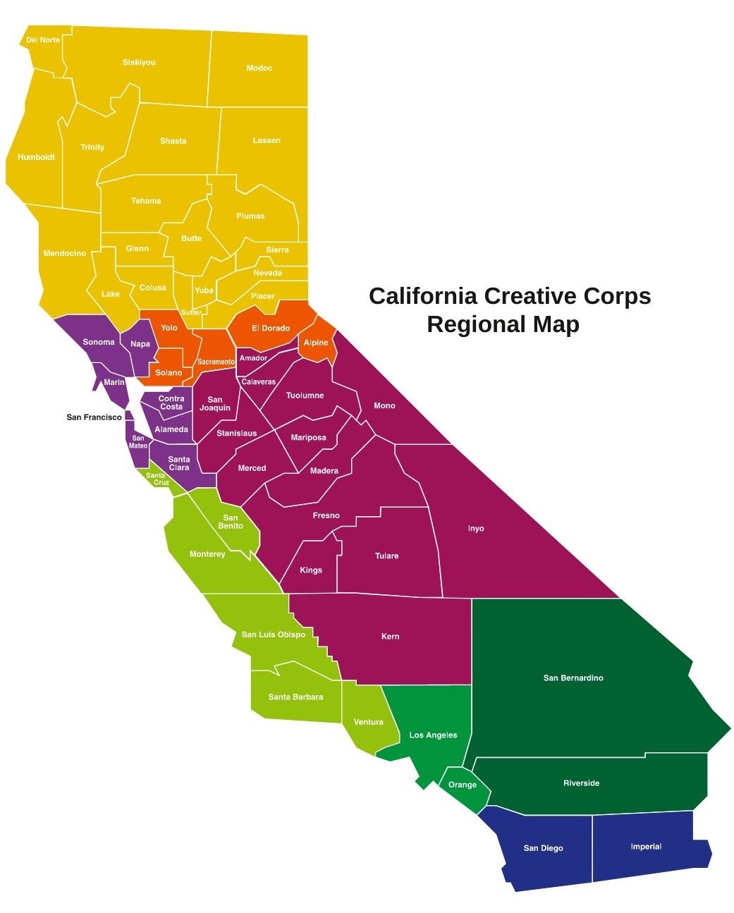 A regional map of California showing the boundaries of various arts councils 